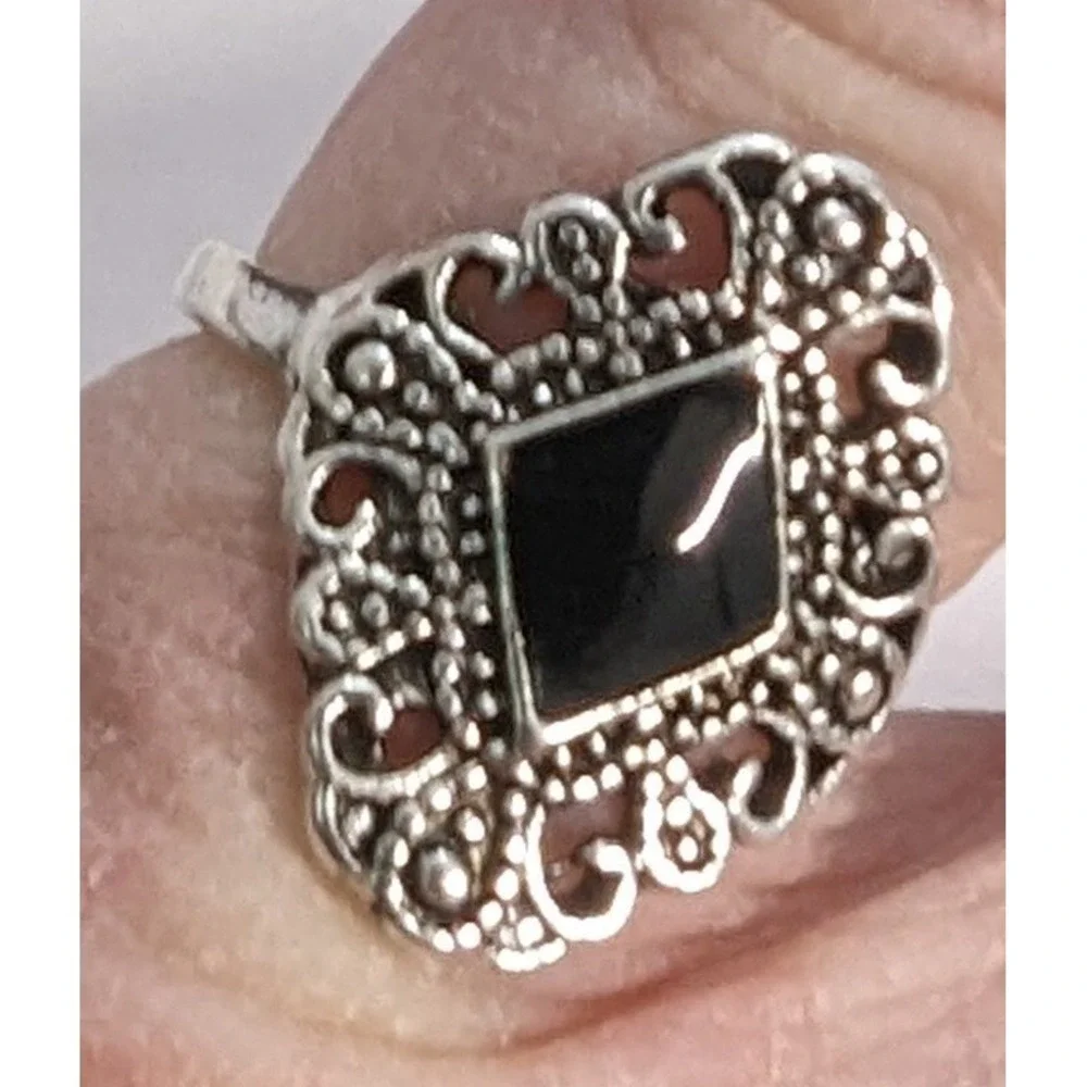 New Ring Black Enamel Size 6 Silver Tone Ornate Chunky Costume Fashion Jewelry